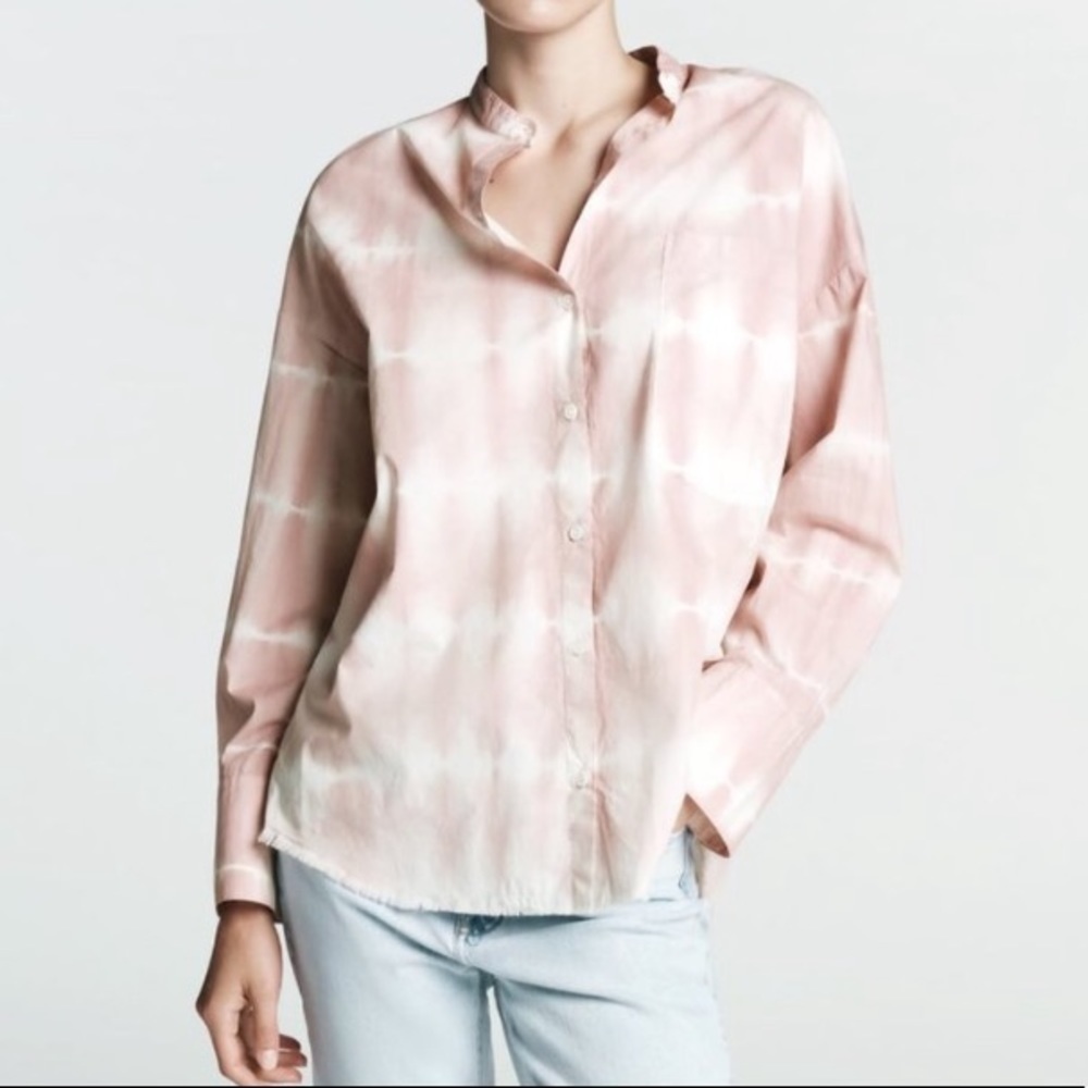 NWT - Zara Pink and White Tie Dye Button Front Long Sleeve Woven Top sz …